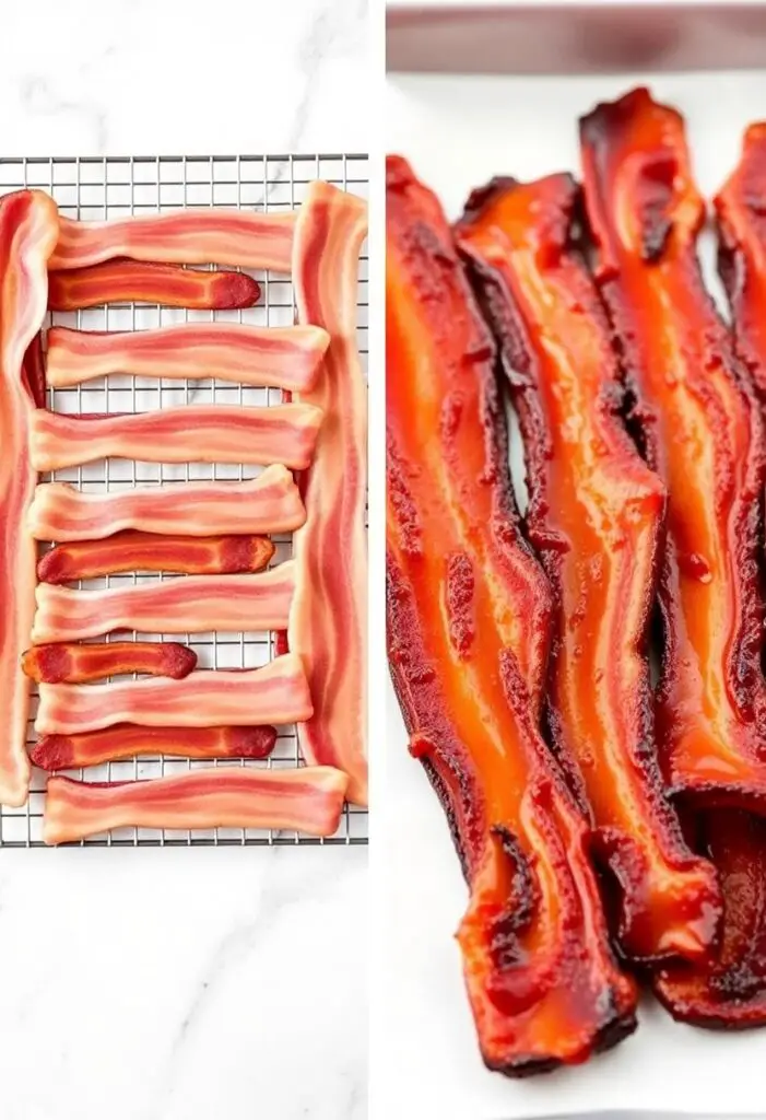 A close-up shot showing two stages of making maple bacon. One side shows the raw bacon strips laid out on a wire rack before baking. The other side shows the finished, deeply caramelized, and crispy strips of maple bacon, fresh from the oven.
