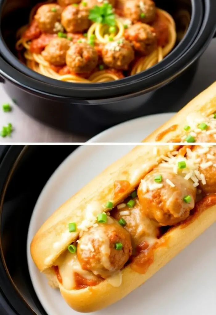 A close-up shot showing two different ways to serve the Crockpot meatballs. One is a classic bowl of spaghetti and meatballs. The other is a cheesy, toasted meatball sub sandwich, cut in half.