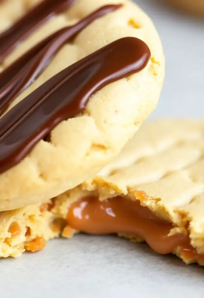 A close-up shot showing two different Milky Way cookies. One is a whole cookie with a glossy chocolate drizzle on top. The other is split open, prominently displaying the molten caramel core.