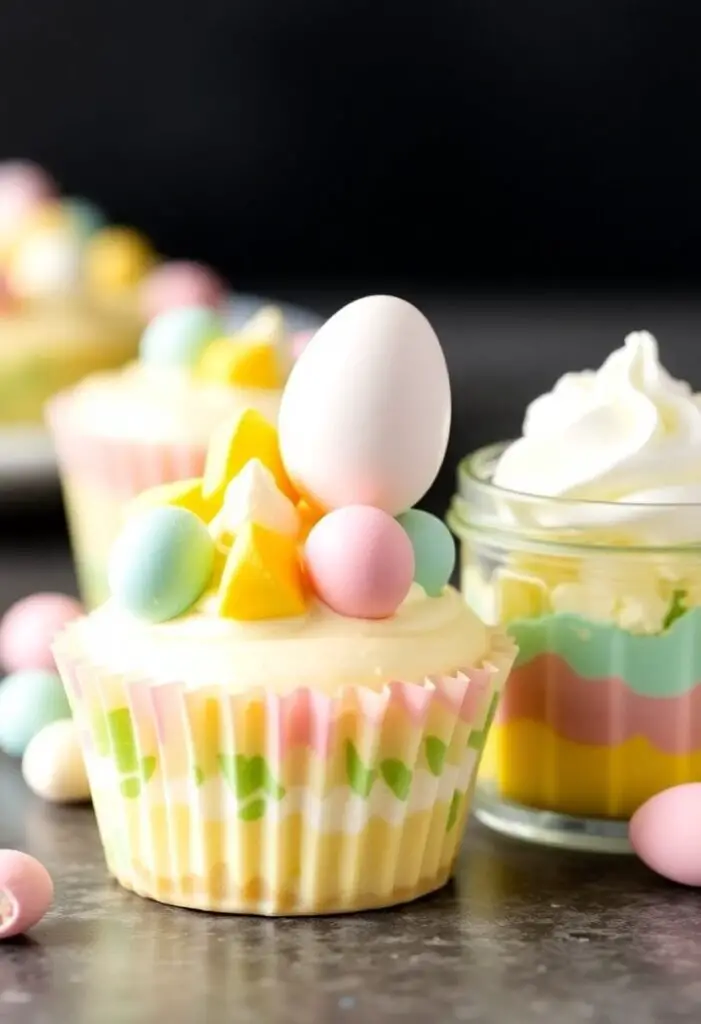 A close-up shot of two different No-Bake Mini Egg Cheesecakes. One is a classic version in a pastel cupcake liner, topped with crushed eggs. The other is layered in a small glass jar and topped with a whole Mini Egg and a swirl of whipped cream.