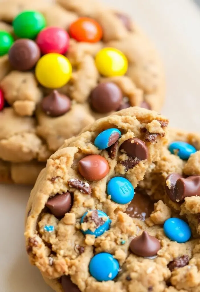 A close-up shot showing two monster cookies. One is a whole, perfectly baked cookie with bright M&Ms on top. The other is broken in half to reveal its dense, chewy, oat-filled interior and melted chocolate chips.