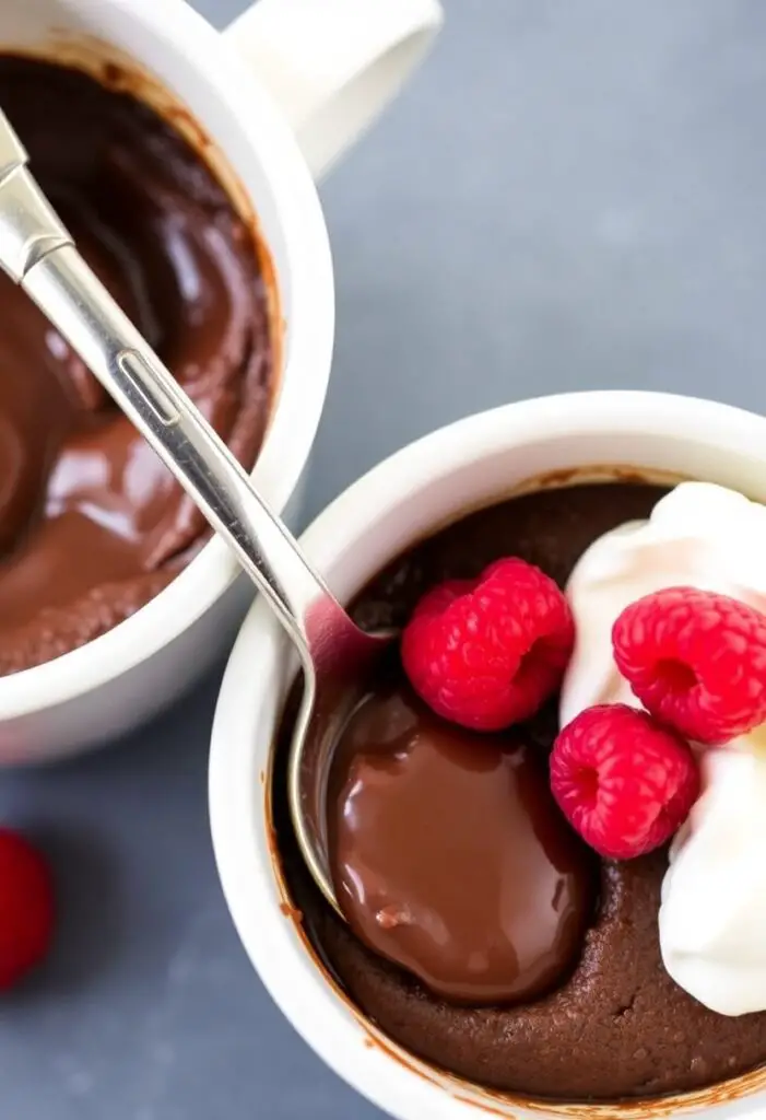 A close-up shot of two different finished chocolate mug cakes. One is in a white mug, with a spoon digging in to reveal the molten chocolate "lava" center. The other is topped with a dollop of whipped cream and a fresh raspberry.