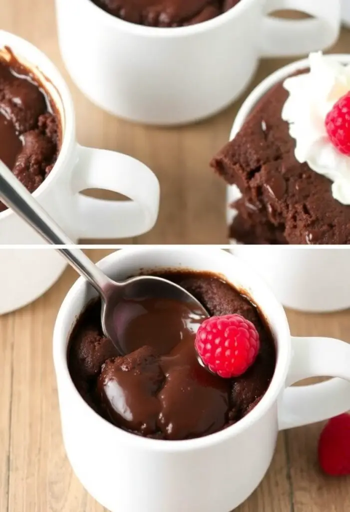 A close-up shot of two different finished chocolate mug cakes. One is in a white mug, with a spoon digging in to reveal the molten chocolate "lava" center. The other is topped with a dollop of whipped cream and a fresh raspberry.