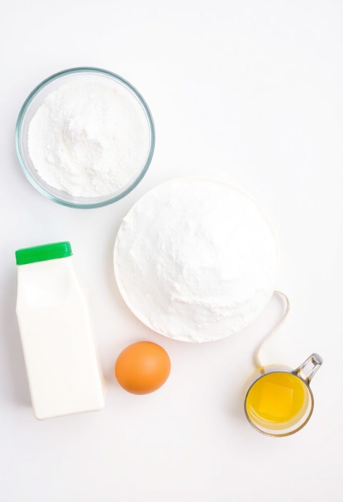A neat flat lay collage of pancake ingredients: a bowl of flour, sugar, baking powder, a carton of buttermilk, an egg, and a small pitcher of melted butter, all on a light, clean background.