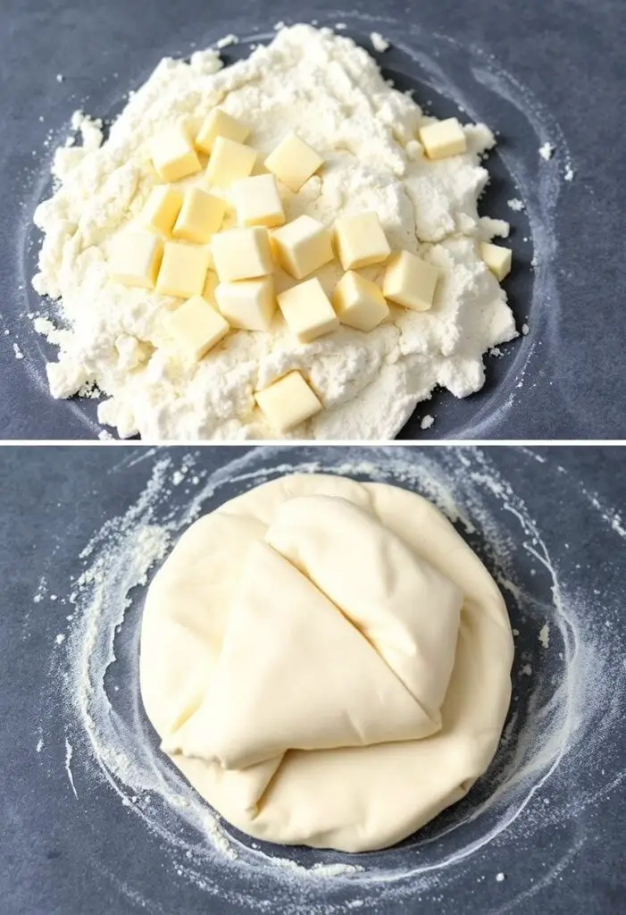 A close-up shot showing two stages of pastry dough. One image shows flour with cold butter pieces (pea-sized and larger) cut into it. The second image shows a neatly wrapped disc of chilled, ready-to-roll pastry dough.