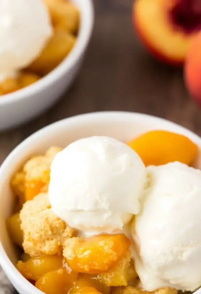 A close-up shot showing two servings of peach cobbler. One is a generous scoop in a white bowl, showcasing the fluffy topping and juicy fruit. The other is the same, but with a large scoop of vanilla ice cream melting gloriously on top.