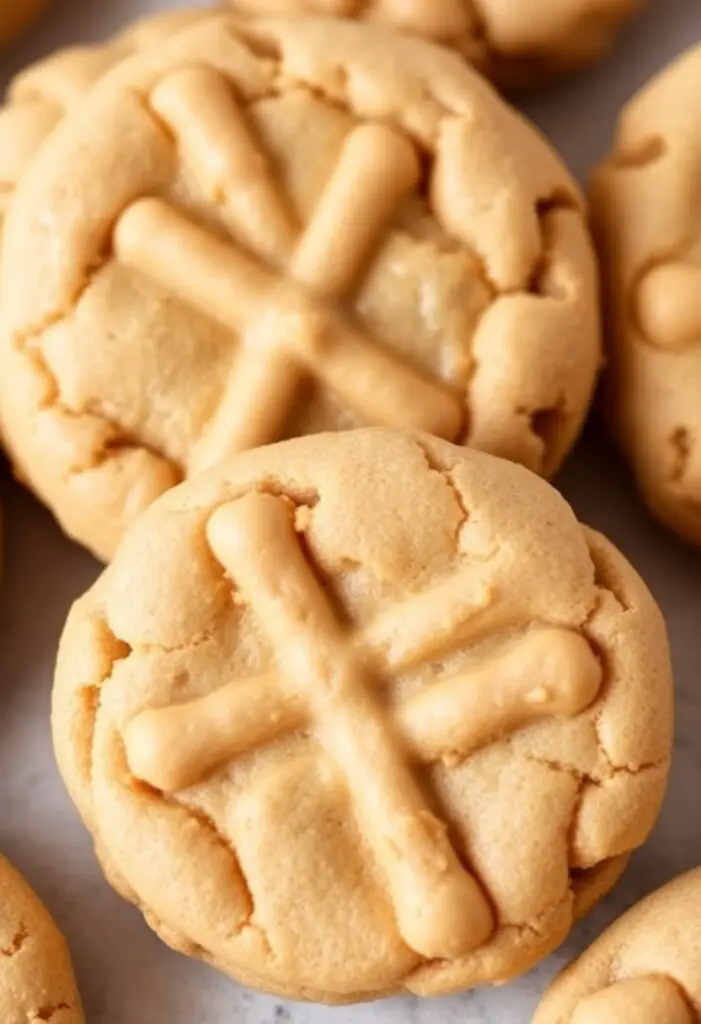 A close-up shot of two different peanut butter cookies. One is a classic cookie with the perfect criss-cross pattern on top. The other is broken in half to reveal its soft, chewy interior.