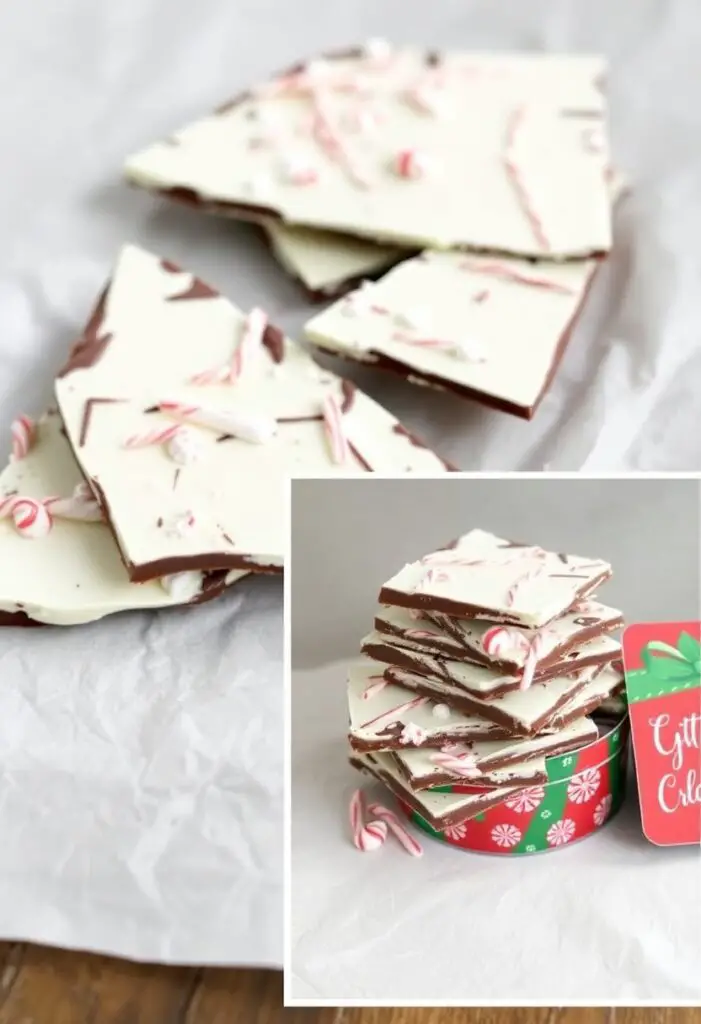 A close-up shot showing two different views of the finished peppermint bark. One is a large, rustic piece on a piece of parchment paper, showing the layers. The other is a stack of smaller, gift-ready pieces in a festive holiday tin.