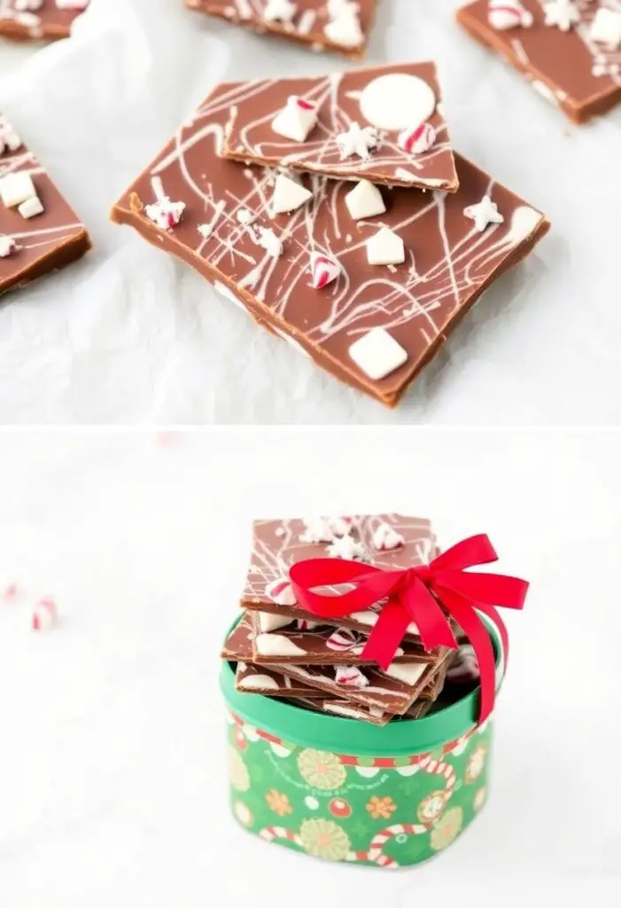 A close-up shot showing two different views of the finished peppermint bark. One is a large, rustic piece on a piece of parchment paper, showing the layers. The other is a stack of smaller, gift-ready pieces in a festive holiday tin.

