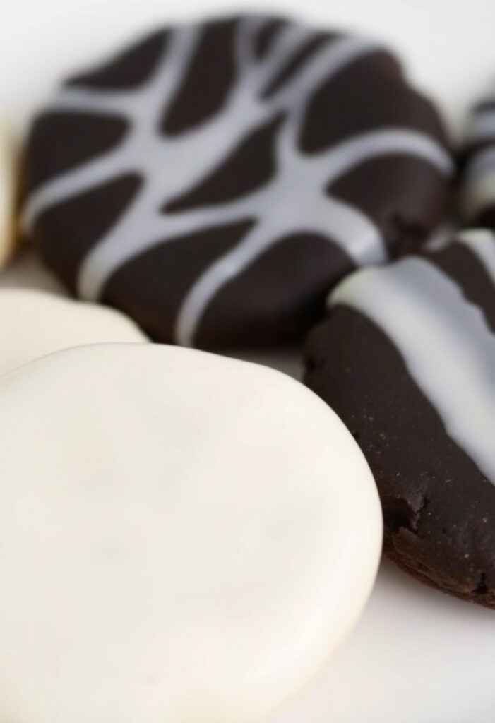A close-up shot showing two different "pfp-worthy" cookies. One is a classic pale vanilla cookie with a smooth white glaze. The other is a striking black cocoa cookie with the same elegant white glaze, showcasing a "dark mode" variation.