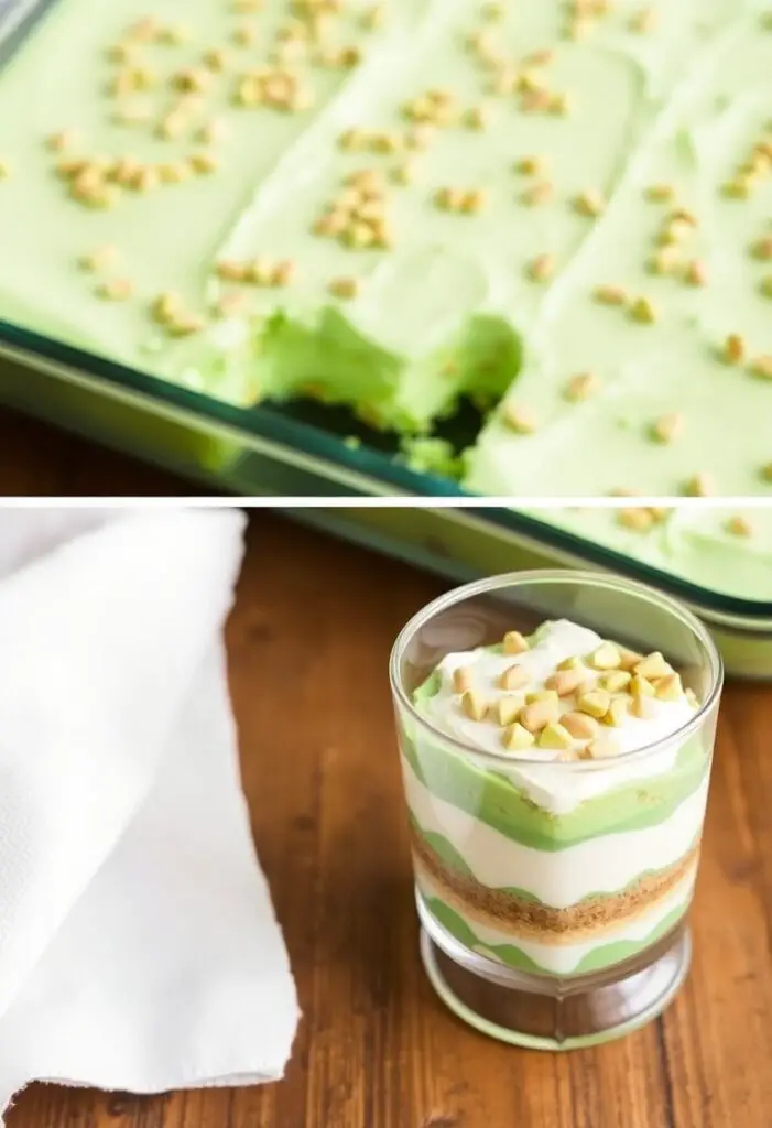 A close-up shot showing two versions of the pistachio dessert. One is a classic slice from a 9x13 pan. The other is a single serving presented in a clear glass trifle dish, showing off the beautiful green and white layers.
