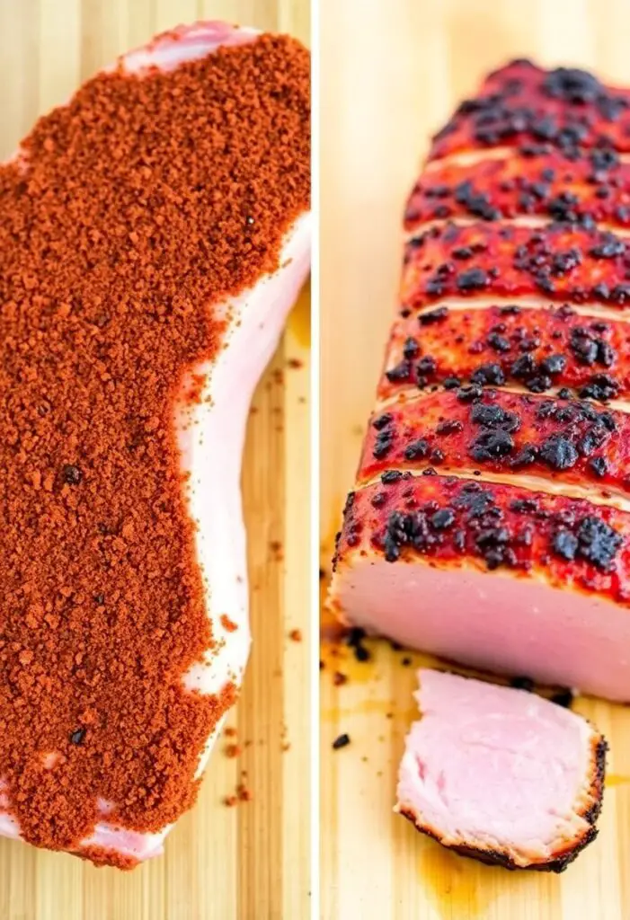A close-up shot showing two stages of a pork chop. One side shows the raw, thick-cut pork chop coated in a rich, red-brown dry rub. The other side shows the finished, grilled pork chop, sliced to reveal a perfectly cooked, juicy interior with a blush of pink.