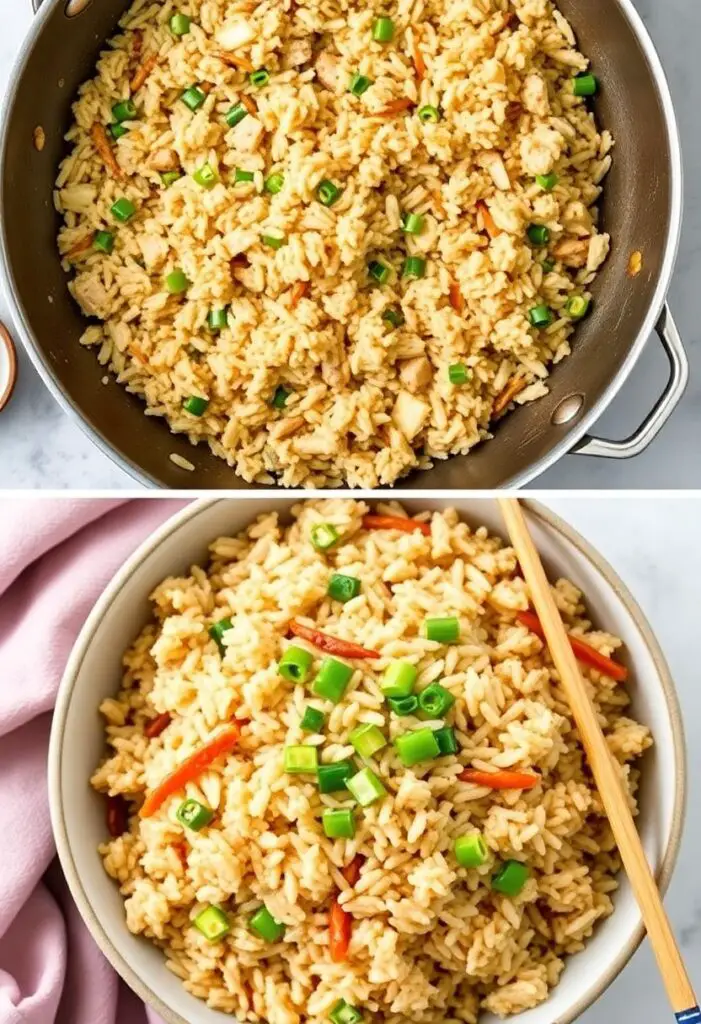A close-up shot showing two different views of the finished pork fried rice. One is a top-down shot of a full wok, showing all the ingredients mixed together. The other is a single, beautifully garnished bowl of fried rice with chopsticks resting on the side.

