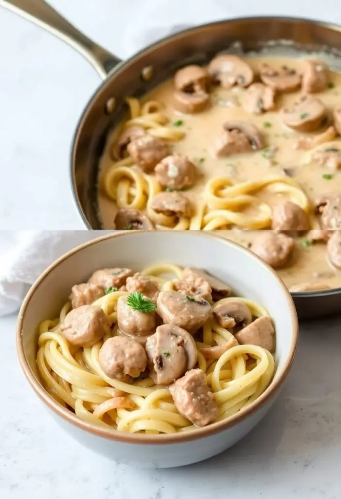 A close-up shot showing two different views of the pork chop stroganoff. One is a top-down shot of the skillet, showing the creamy sauce coating the noodles, mushrooms, and pork. The other is a single, beautifully garnished bowl of the stroganoff, ready to eat.