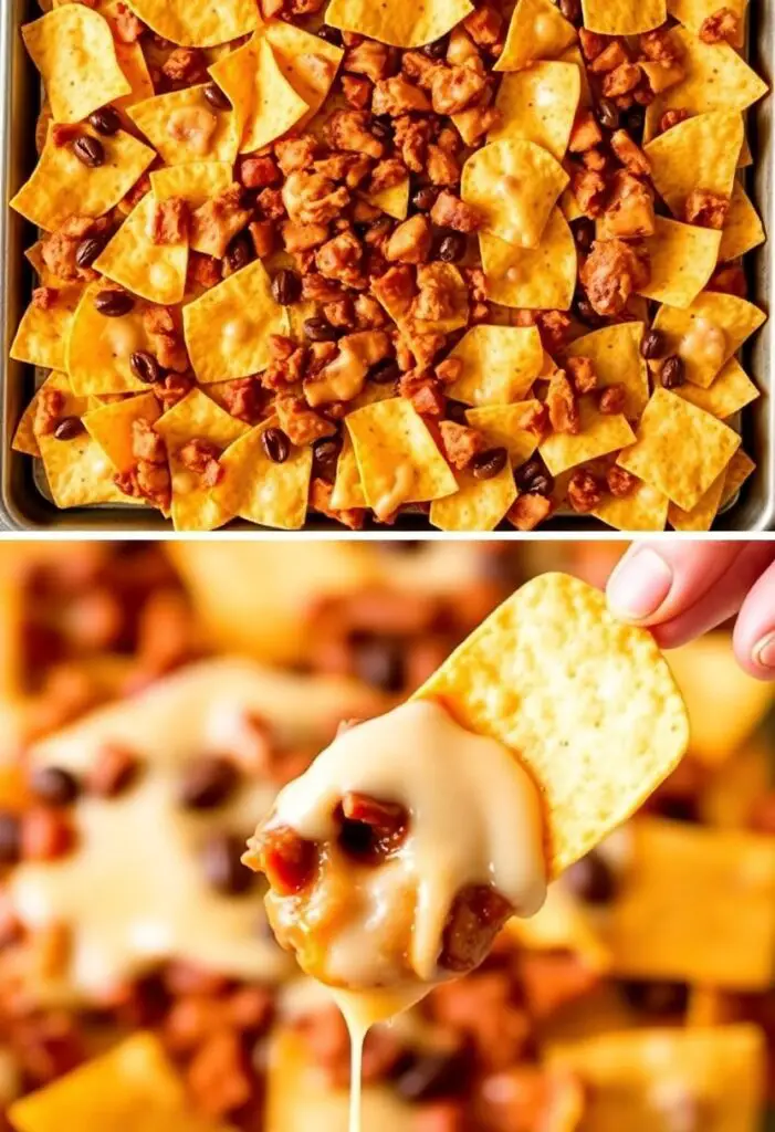 A close-up shot showing two different views of the pulled pork nachos. One is a top-down shot of the entire, bubbly, golden-brown sheet pan of nachos, fresh from the oven. The other is a single, perfectly loaded chip being pulled from the pan, showing a glorious cheese pull.