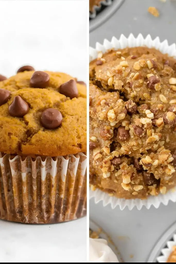 A high-quality photo showing two pumpkin chocolate chip muffins side-by-side. One is a classic muffin in a paper liner, and the other is a close-up of a muffin with a crunchy streusel topping, highlighting different textures.