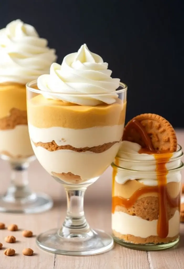  A close-up shot of two beautifully layered pumpkin cheesecake parfaits. One is in a simple, elegant glass, topped with a perfect swirl of whipped cream. The other is in a small mason jar, garnished with a whole gingersnap cookie and a drizzle of caramel.