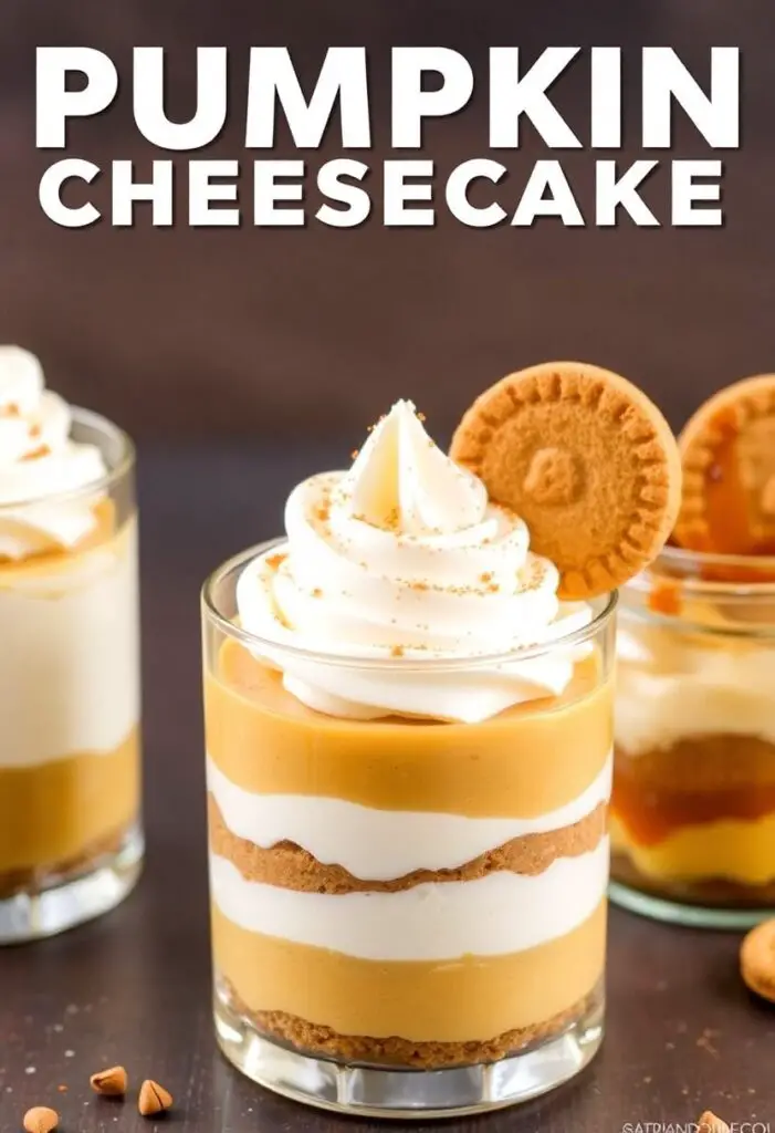 A close-up shot showing two beautifully layered pumpkin cheesecake parfaits. One is in a simple, elegant glass, topped with a perfect swirl of whipped cream and a sprinkle of cinnamon. The other is in a small mason jar, garnished with a whole gingersnap cookie and a drizzle of caramel.