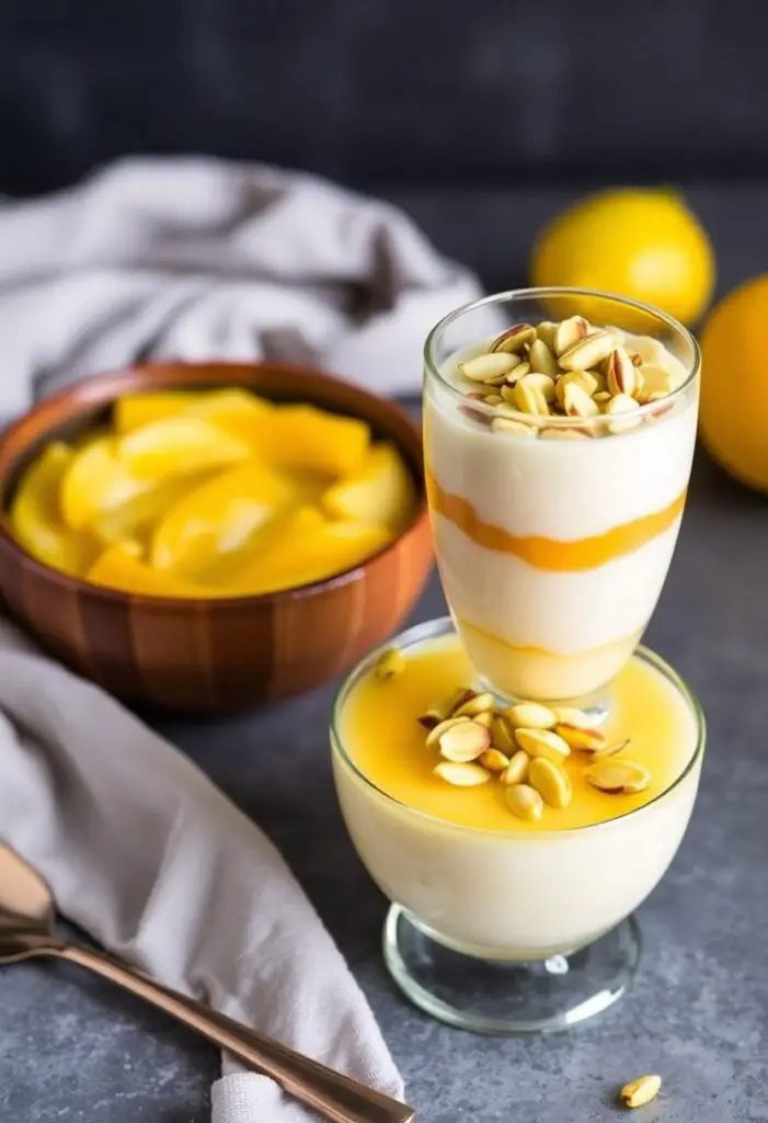 A close-up shot of two beautiful bowls of the finished Coconut & Mango Rice Pudding. One is served warm, looking thick and creamy. The other is served chilled in a glass, layered beautifully, and topped with toasted pistachios.