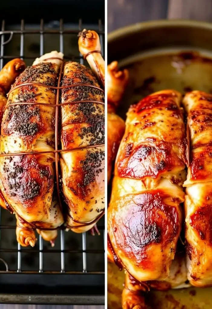 A close-up shot showing two stages of roasting a chicken. One side shows the raw chicken, heavily seasoned and trussed, on a roasting rack. The other side shows the finished, carved roasted chicken, with succulent, juicy meat and crispy skin, ready to serve.