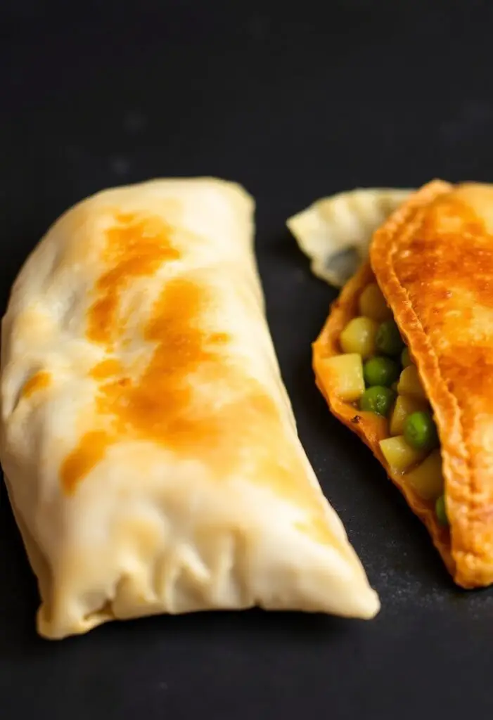 A close-up shot showing two samosas. One is perfectly folded and raw, ready for frying. The other is a crispy, golden-brown fried samosa that has been broken open to reveal the steamy, spiced potato and pea filling inside.