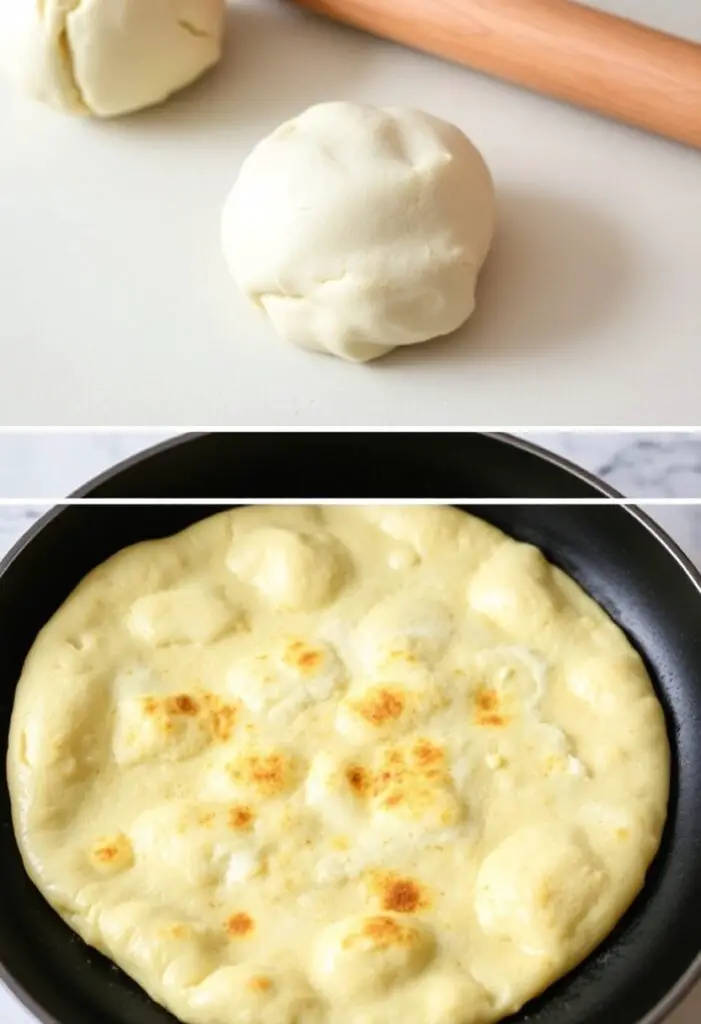 A close-up shot showing two stages of shawarma bread. One image shows a dough ball being rolled flat with a rolling pin. The second image shows a cooked flatbread in a hot pan, beautifully puffed up and golden-brown.