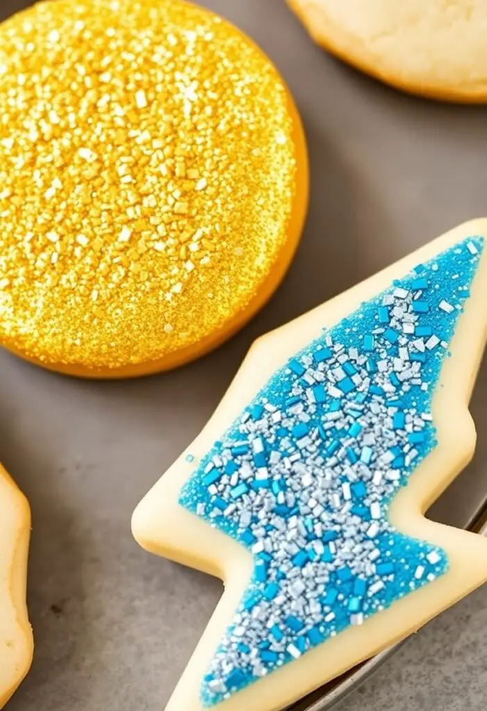 A close-up shot showing two different shining glitter cookies. One is a round cookie covered in shimmering gold sanding sugar. The other is a lightning-bolt-shaped cookie covered in a mix of electric blue and silver edible glitter.