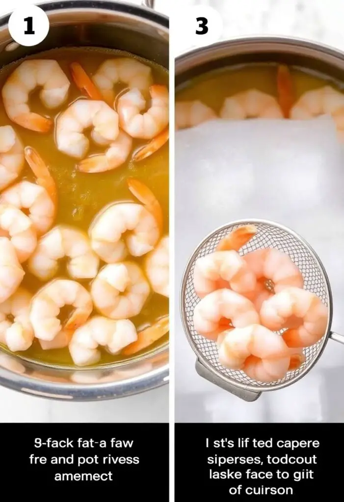 A close-up shot showing two key stages of boiling shrimp. One side shows the raw shrimp being added to a simmering pot of aromatic water. The other side shows the finished, perfectly pink, and plump shrimp being lifted out of an ice bath with a spider strainer.