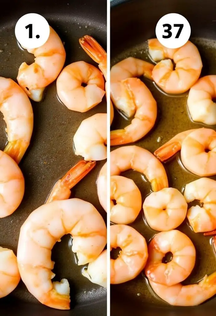  A close-up shot showing two key stages of cooking raw shrimp. One side shows the raw, seasoned shrimp ready to be cooked. The other side shows the finished, plump, pink, and perfectly seared garlic butter shrimp in the skillet.