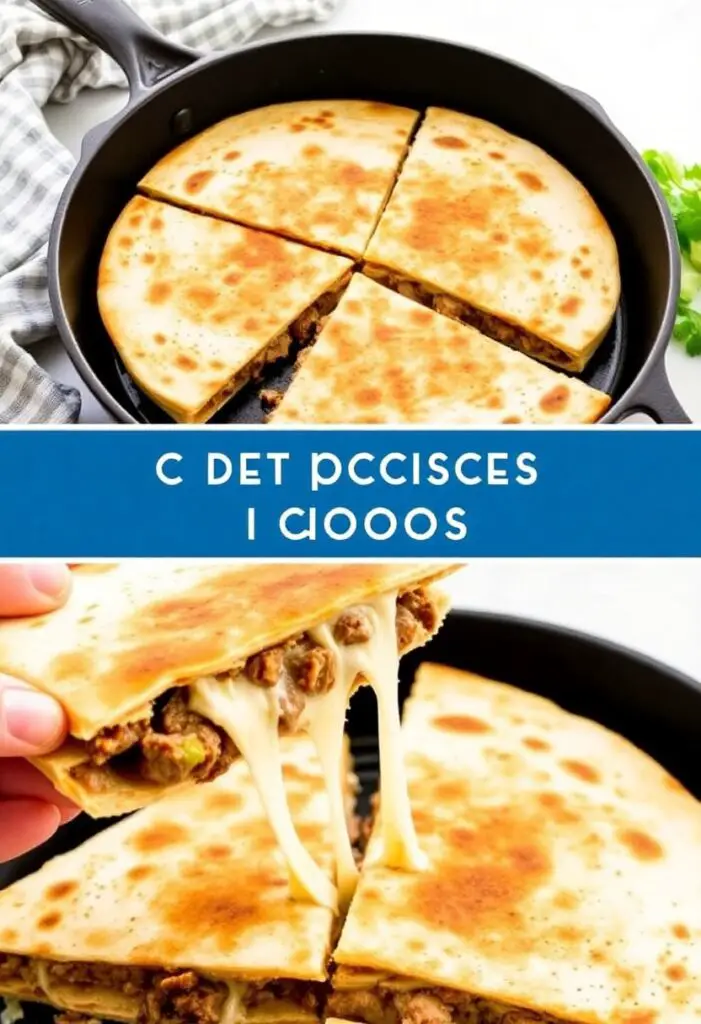 A close-up shot of two different views of the steak quesadilla. One is a whole, golden-brown quesadilla in a cast-iron skillet. The other is a wedge being pulled away, showing a glorious, stretchy cheese pull with pieces of tender steak and veggies inside.