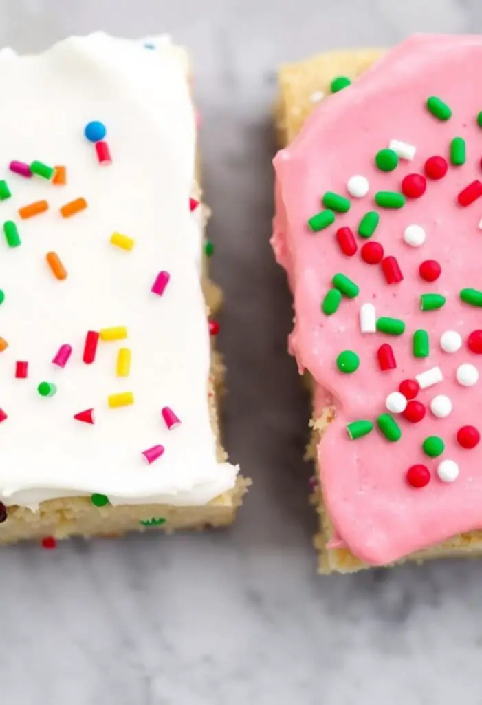 A close-up shot showing two different sugar cookie bars. One is a classic version with white frosting and rainbow sprinkles. The other has a pink frosting and is decorated with festive red and green sprinkles for a holiday theme.