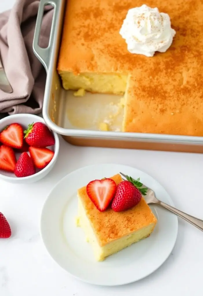 A close-up shot showing two different presentations of tres leches cake. One is a full 9x13 pan topped with whipped cream and a sprinkle of cinnamon, and the other is a single slice on a plate, garnished with fresh strawberries.