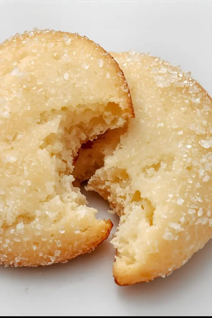 An extreme close-up shot of two pure vanilla cookies. One is whole with a sparkly sugar topping, and the other is broken in half to showcase its soft, tender, and chewy interior texture.
