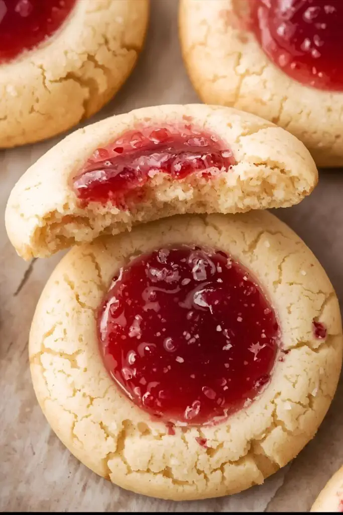 A close-up shot of two different White Lily cookies. One is a simple, pale cookie broken to show its incredibly soft crumb, and the other is a thumbprint cookie filled with vibrant red raspberry jam.