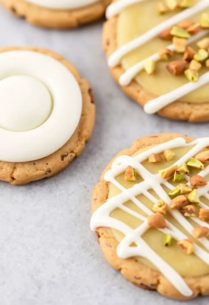 A close-up shot of two different Wind Archer cookies. One features the clean, perfect white chocolate bullseye. The other is drizzled with white chocolate and sprinkled with chopped pistachios, showing a different decorative style.