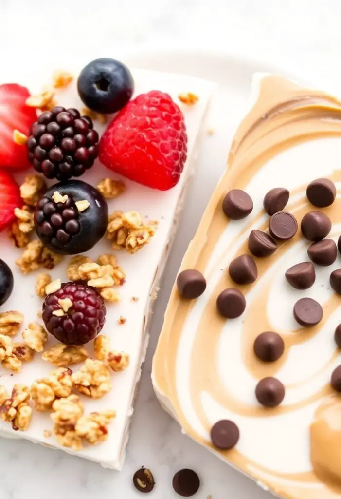 A close-up shot showing two different pieces of Greek yogurt bark. One is a classic version topped with mixed berries and granola. The other is a more decadent version with a swirl of peanut butter and a sprinkle of mini chocolate chips.