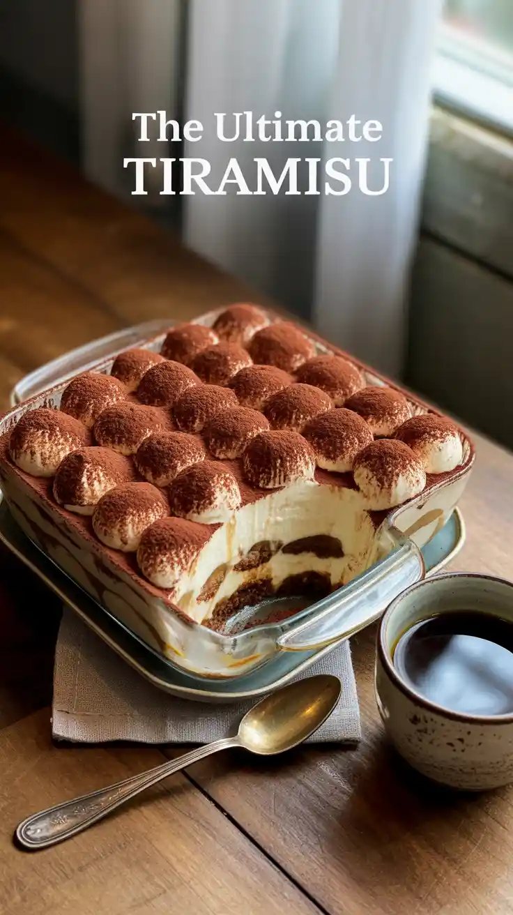 A classic tiramisu in a glass dish with a slice removed to show the beautiful layers.