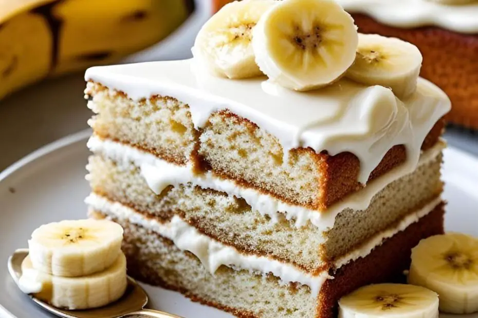 A tall, beautiful slice of banana pudding layer cake on a plate, showing all the distinct layers.