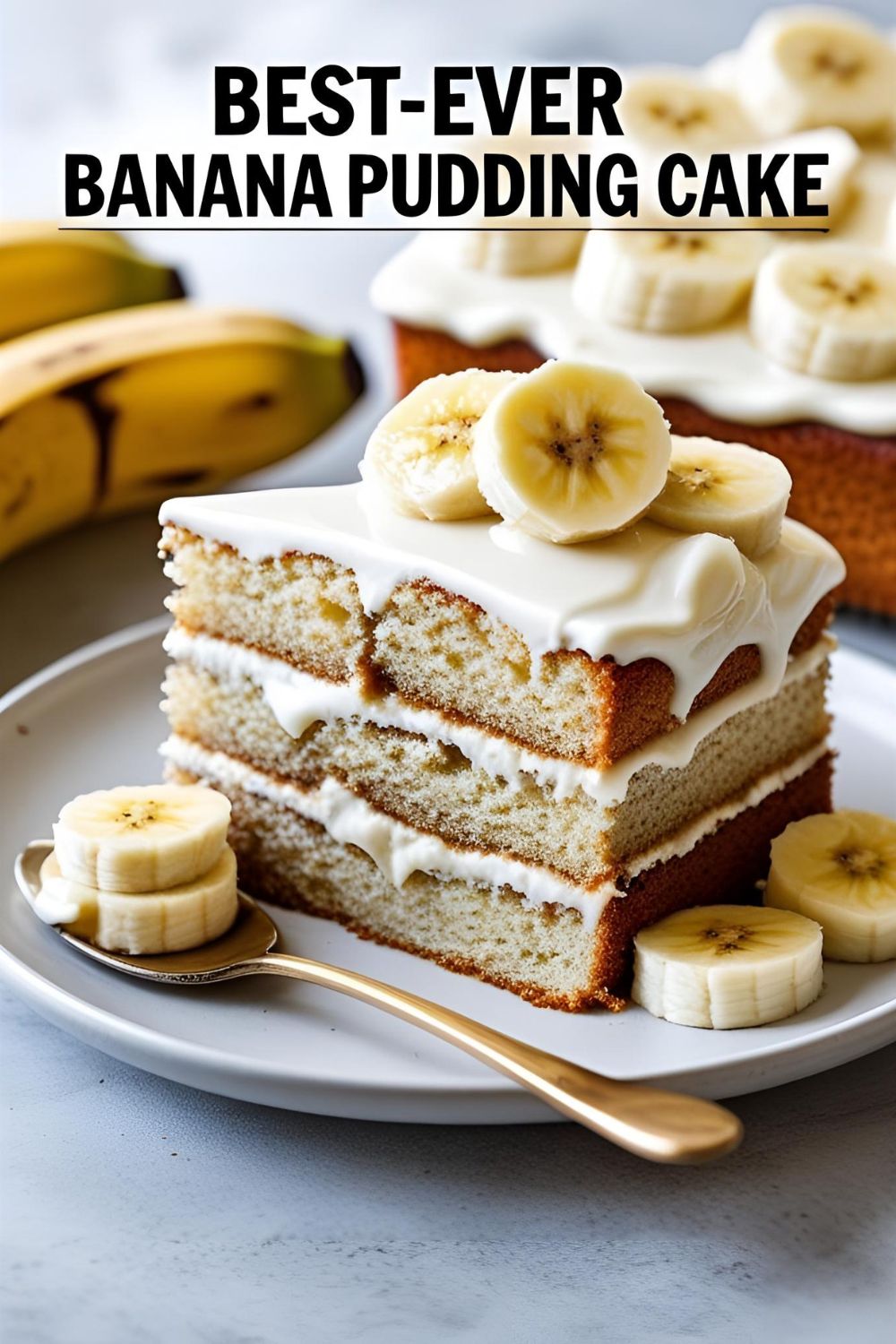 A tall, beautiful slice of banana pudding layer cake on a plate, showing all the distinct layers.