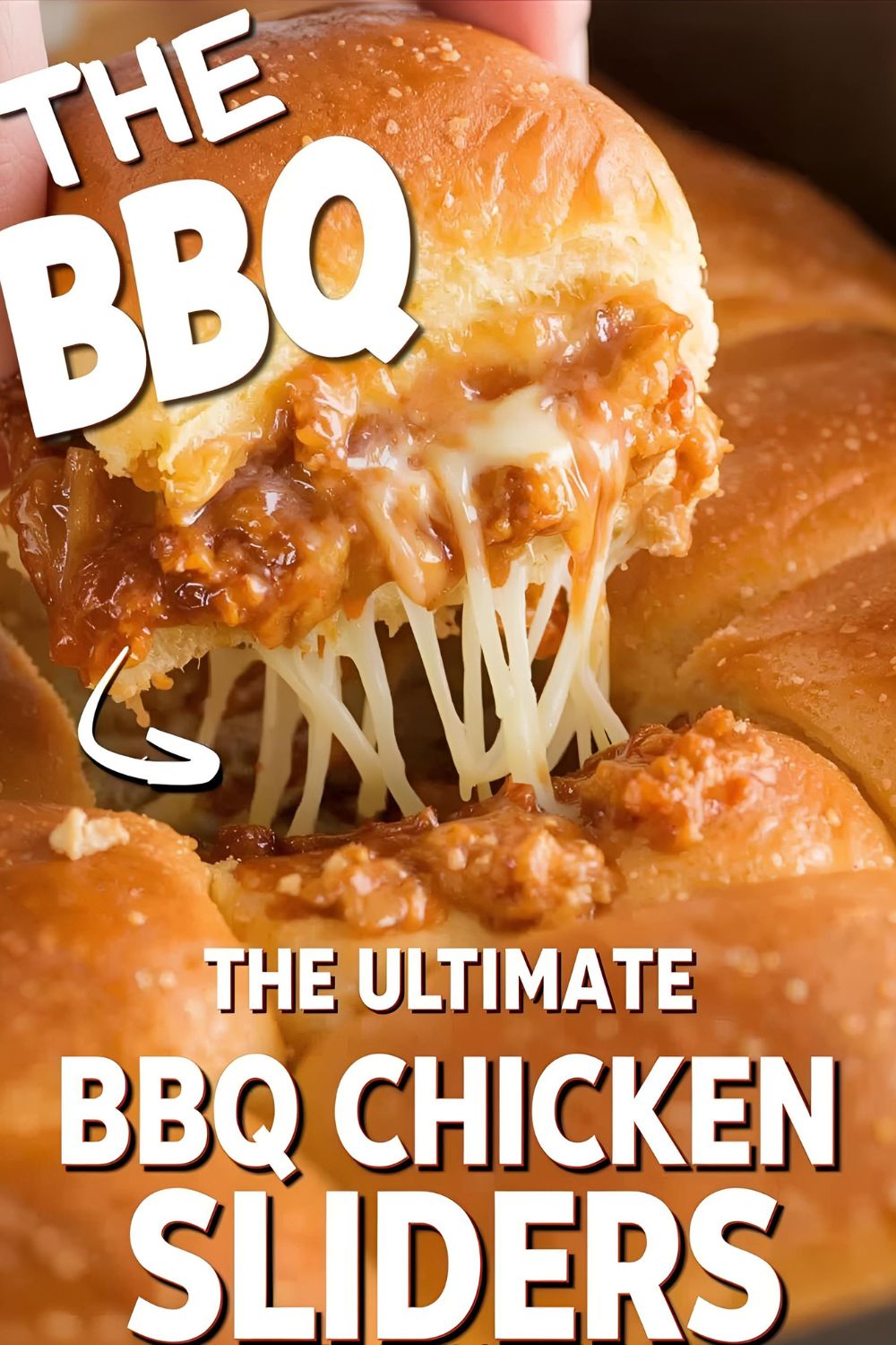 The ultimate easy recipe for BBQ chicken sliders on Hawaiian rolls, showing a delicious cheese pull.