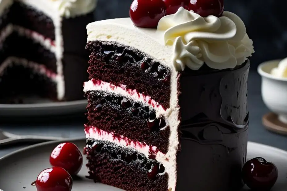 A stunning, fully decorated Black Forest Cake on a stand, showcasing chocolate shavings, whipped cream, and cherries.