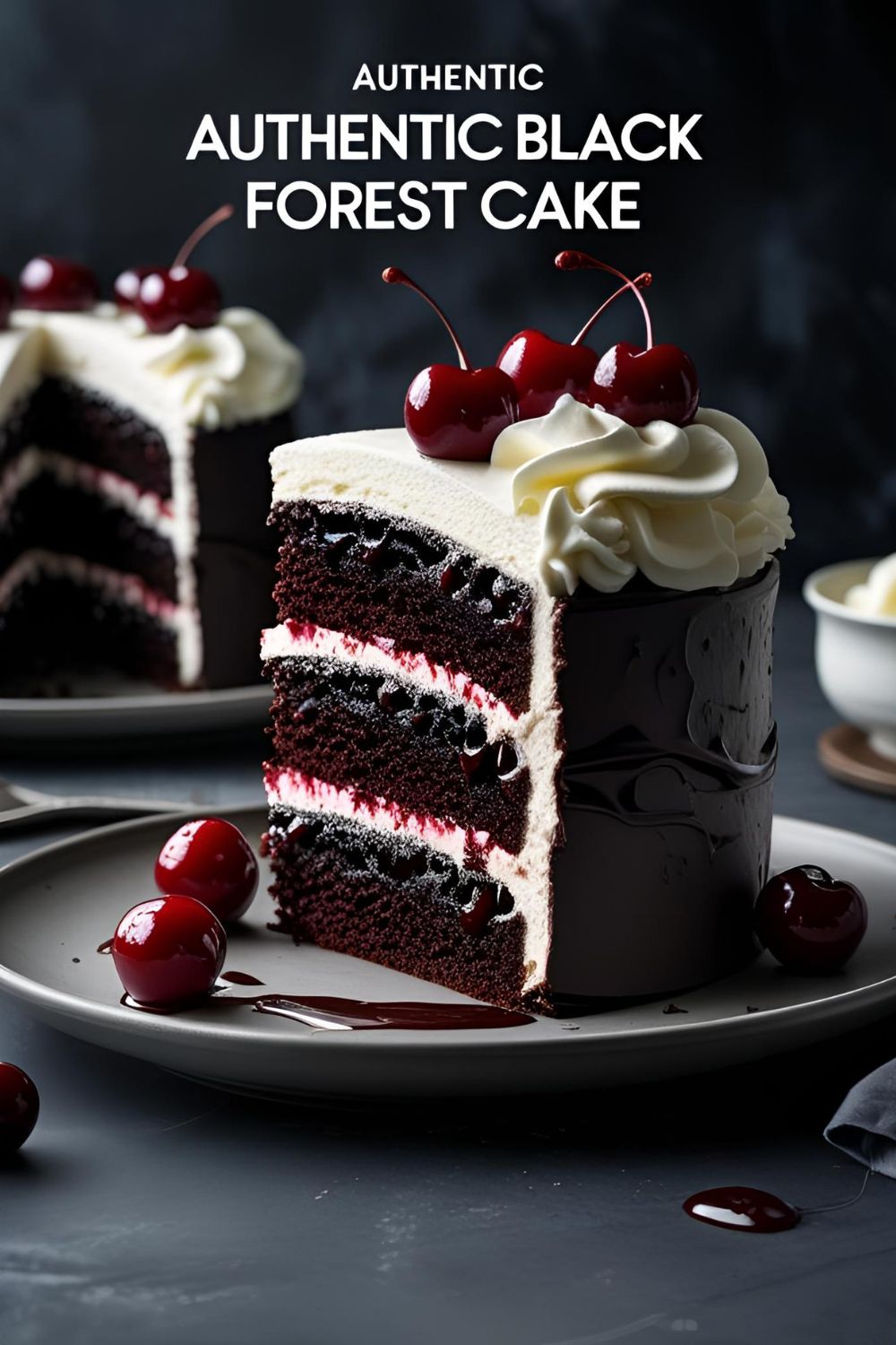 A stunning, fully decorated Black Forest Cake on a stand, showcasing chocolate shavings, whipped cream, and cherries.