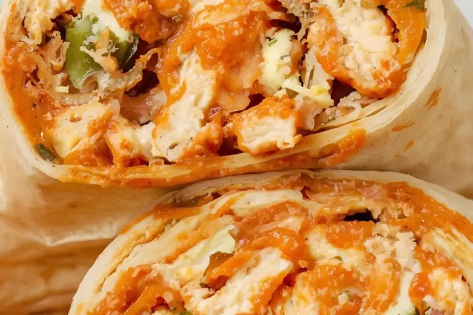 A buffalo chicken wrap sliced in half showing the filling, with the text "The Ultimate Buffalo Chicken Wrap.