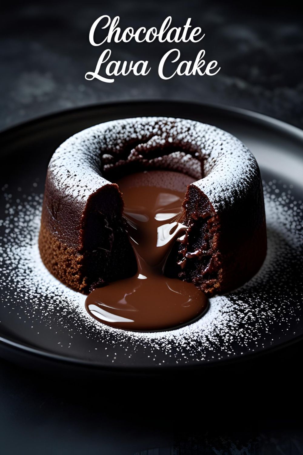 A dark chocolate lava cake on a plate, cut open to show the molten chocolate center flowing out.