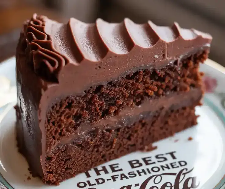 A classic chocolate Coca-Cola cake in a 9x13 inch pan with a slice removed, next to a bottle of Coke.