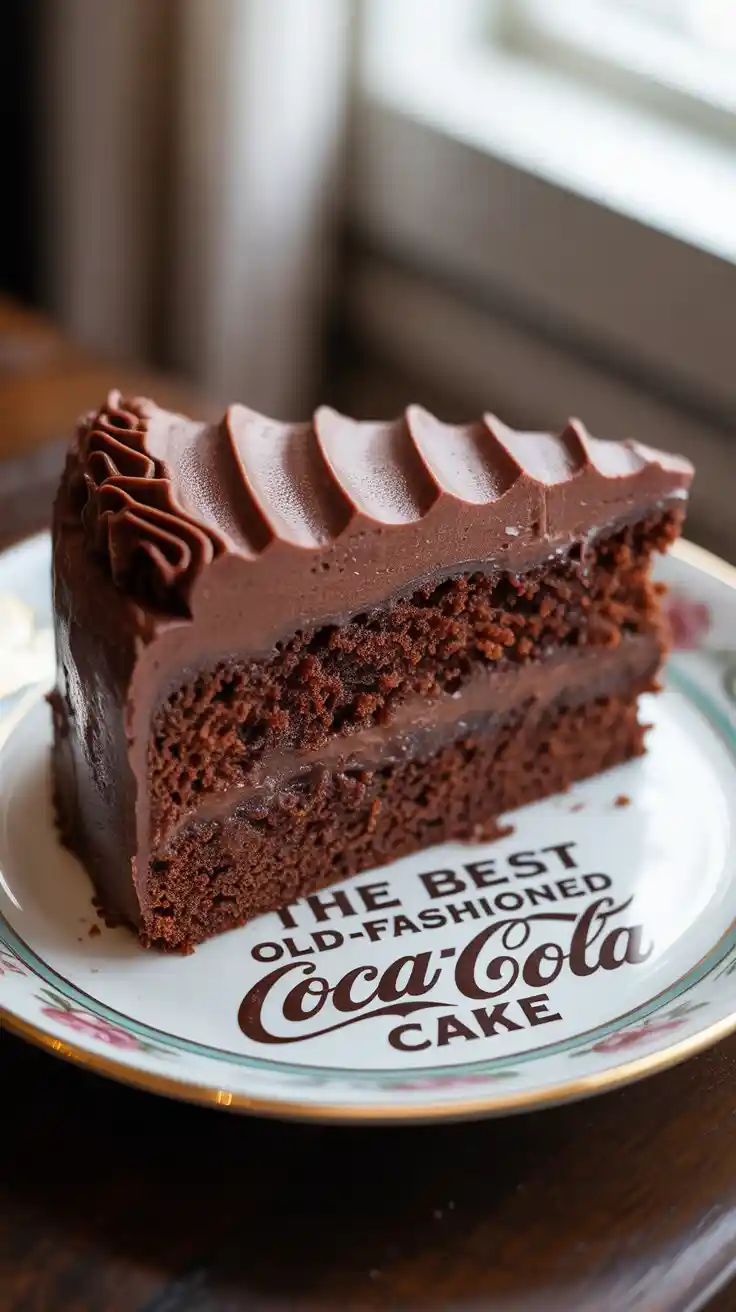 A classic chocolate Coca-Cola cake in a 9x13 inch pan with a slice removed, next to a bottle of Coke.