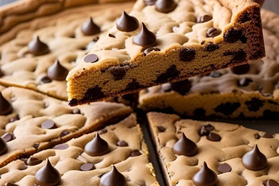 A giant chocolate chip cookie cake being sliced, with the text overlay "The Ultimate Cookie Cake."