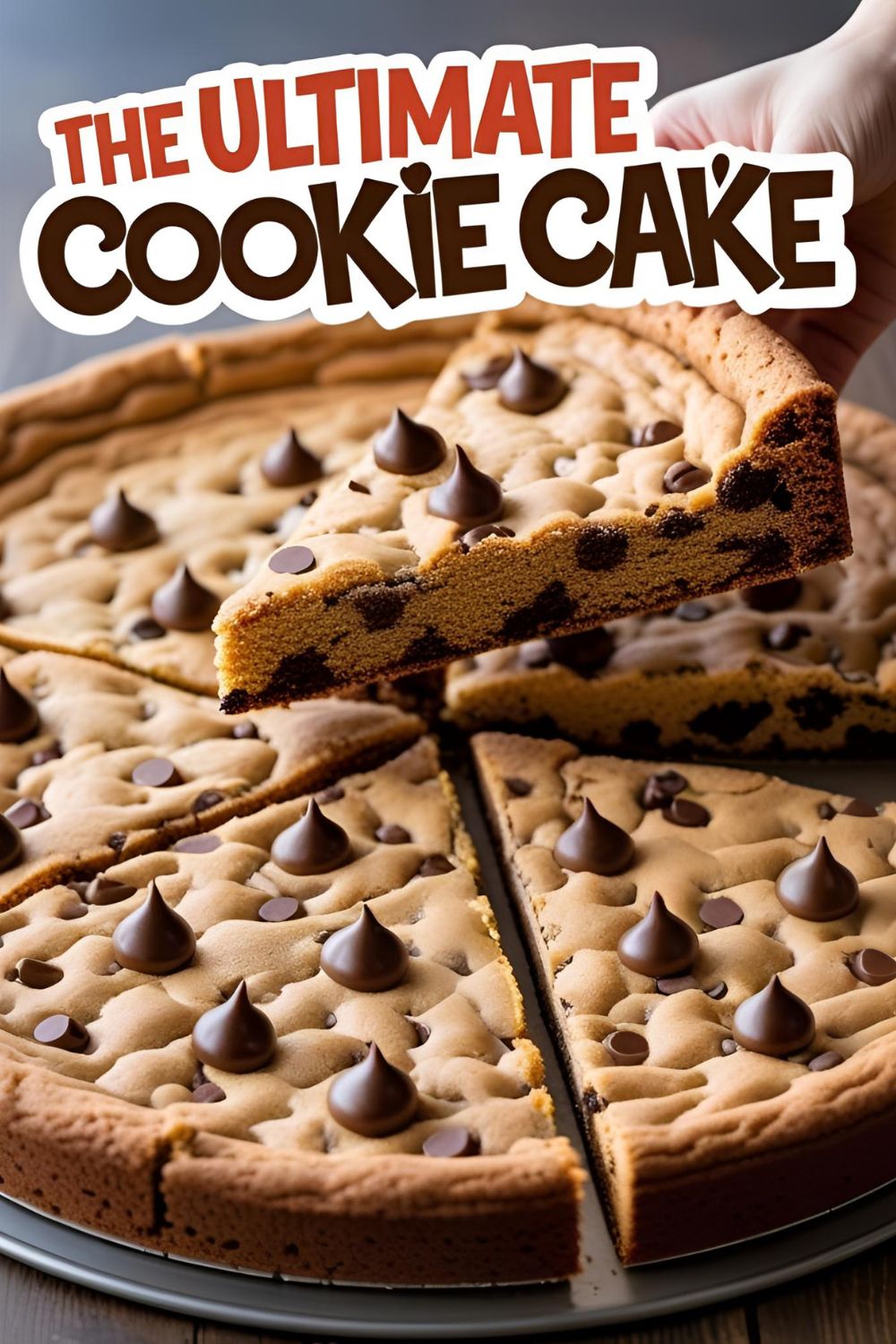 A giant chocolate chip cookie cake being sliced, with the text overlay "The Ultimate Cookie Cake."