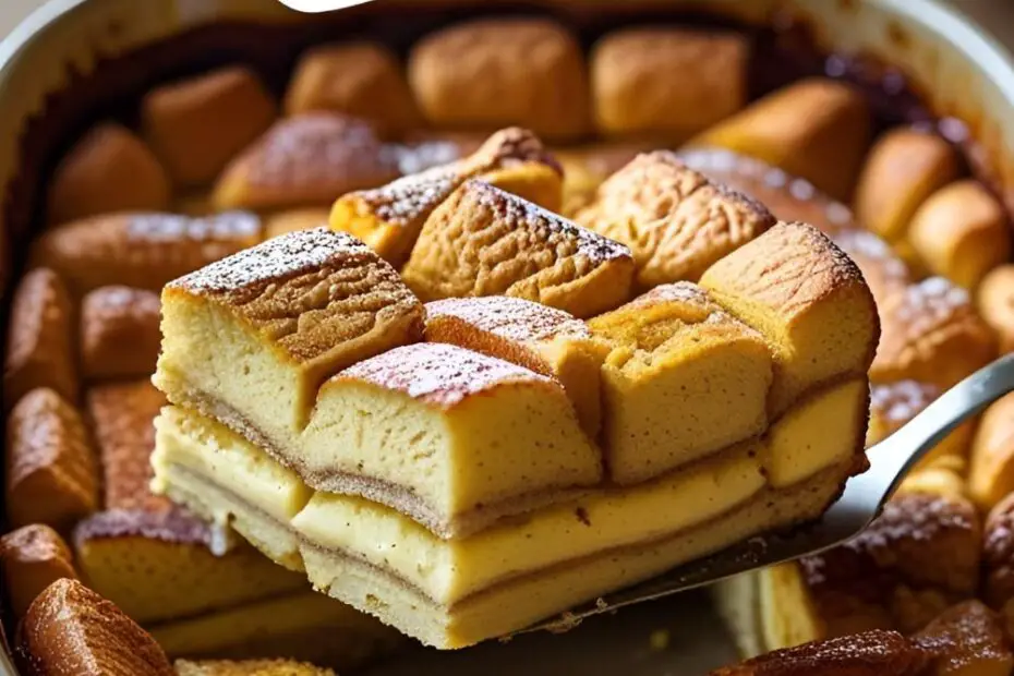 ngredients for making french toast casserole, including challah bread, eggs, milk, cinnamon, and sugar, arranged in a flat lay style.
