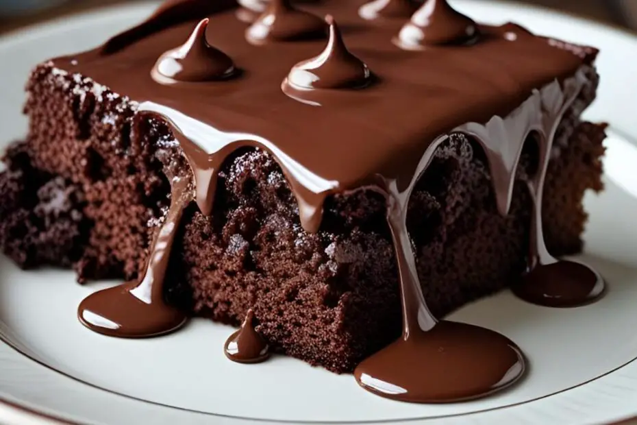 A German chocolate poke cake in a glass baking dish with a slice removed, showing the gooey filling and coconut-pecan topping.